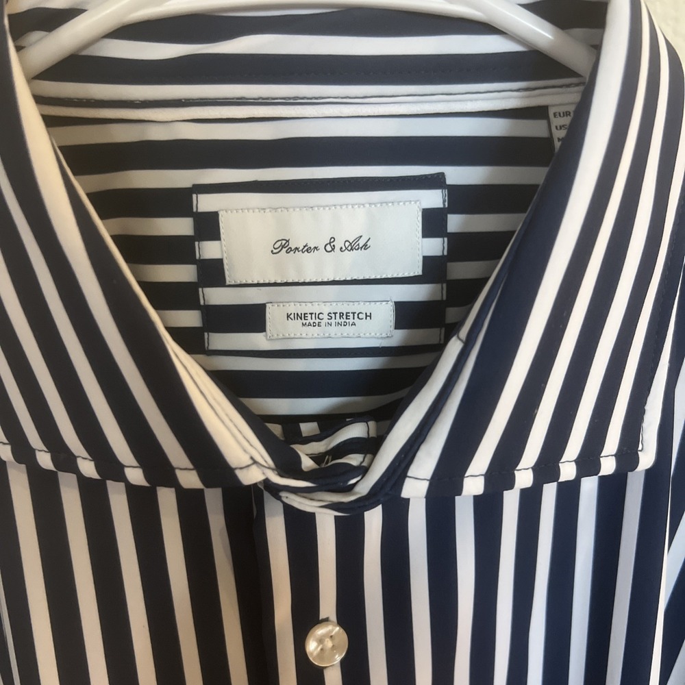 Porter & Ash Kinetic Stretch Blue White Stripe Long Sleeve Button Up Shirt Sz XL